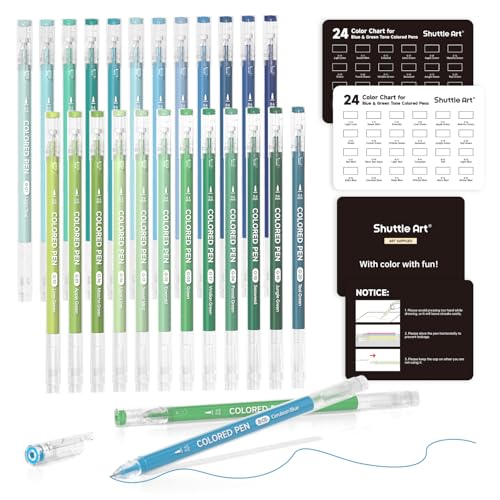 Shuttle Art Lot de 24 stylos à encre gel acrylique, 0,6 mm, 24 pièces couleurs bleu et vert, stylos à paillettes pour coloriage, stylos pastel colorés pour...