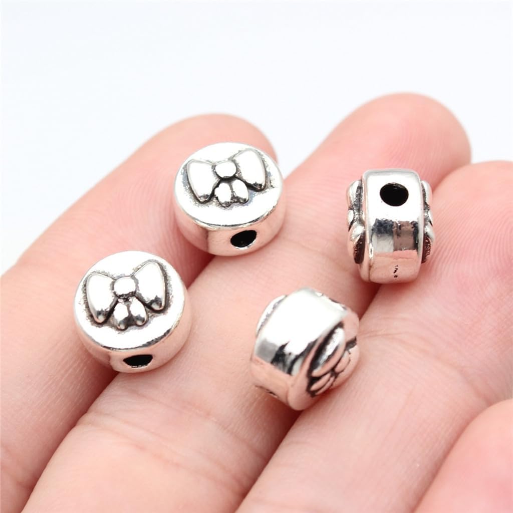 Double-Sided Bow Pattern Round Spacer Small Hole Beads for Jewelry Repair & Restyling, 10x10x7.8mm, Antique Silver Color, 10 Pieces
