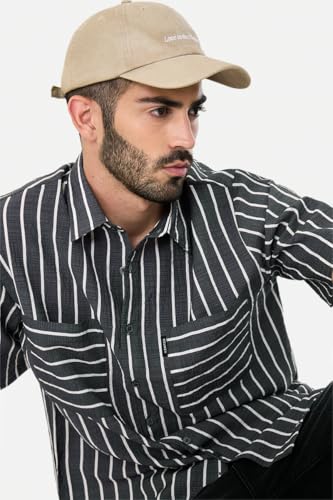 Image of SNITCH Men Casual Plus Size Shirt | Regular Fit Full Sleeve Mandarin Collar Striped Design | Premium Cotton Linen Blend & Breathable Fabric for Office & Everyday Wear