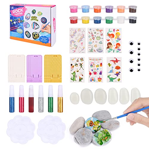 60 Pcs Rock Painting Kits, Wjiang DIY Art And Craft Rock Painting with Luminous Stone Rock Painting Craft Kits Creative Easter Rock Painting DIY Painting Rocks Kits Gifts for Kids Boys Girls Aged 3 4+