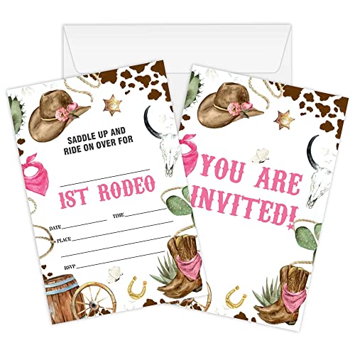 Cowboy & Cowgirl 1st Rodeo Birthday Invitations (20 Cards & Envelopes) - Wild West Fill-in Party Invite Cards for Baby Boys Girls, Kids & Teens - Western Theme Birthday Celebration Supplies-A031