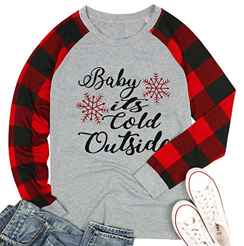 Plus Size Baby It's Cold Outside Christmas T Shirt Women's Plaid Splicing Long Raglan Tops Blouses Size XX-Large (Gray) - Image 4
