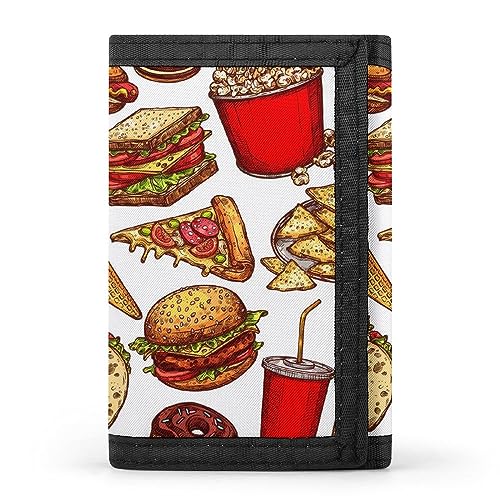 Burger, Hot Dog Pizza Slices Hamburger Sandwich Soda Donut on White Trifold Wallet, Stylish Purse With Keychain, Credit Pass Case Card-Holder for Crash Bills Receipts Women Men 5 x 3.3 x 0.2 Inch