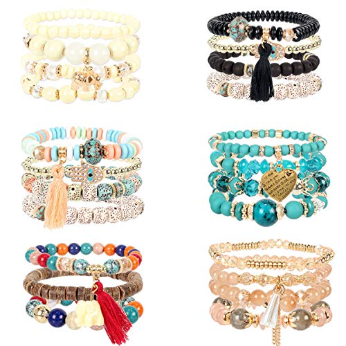 Hahagirl 6 Sets Bohemian Stackable Bead Bracelets For Women Girls Stretch Multilayered Bracelet Set Multicolor Tassel Strand Bracelets Stretch Jewelry #TOP18