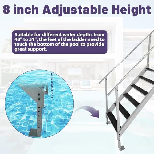 Reykilor Dock Ladder 6 Steps, 500lbs Load Pool Steps Adjustable Height Aluminum Dock Stairs with Handrails, Pontoon Boat Ladder with Handrails & Widen Nonslip Rubber Pedals for Lake, Pool, Marine