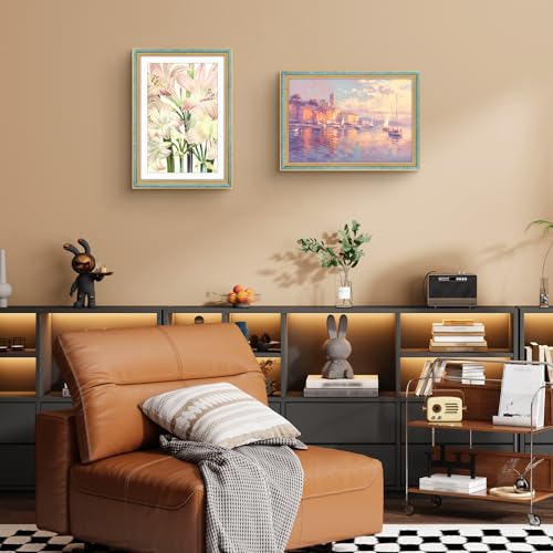 Image of Golden State Art,13x19 Ornate Picture Frame Holds 11x17 Photo,Blue Gold | Includes plexiglass front,white mat,build-in hangers and buttons.Displays 11x17 photo on wall