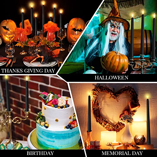 Image of Handepo 48 Pack Flameless Taper Candles Realistic with Yellow Flickering Candlelights Plastic 11 Inch Last Long Battery Operated Window Candlestick for Halloween Christmas(Black)