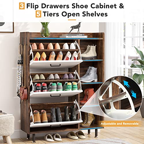 Tribesigns Flip Drawers Shoe Cabinet, Freestanding Tipping Bucket Shoes Cabinet Wooden Shoe Rack With 3 Flip Drawers And 5 Tiers Shelves, Shoes Cabinet Organizer For Entryway,Living Room (Brown&White) #TOP5