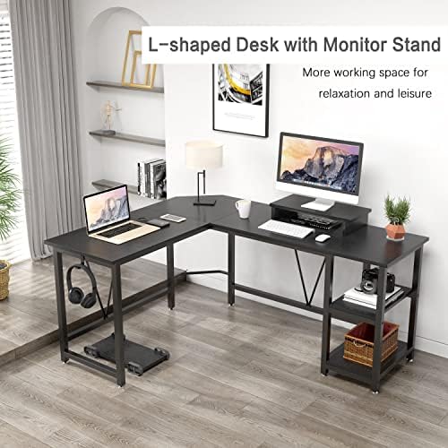 TREETALK Computer desk, L-shaped Desk with 2-Layer Storage,Large PC Laptop Table Corner Desk with Monitor Stand and CPU Stand,Gaming Desk Writing Table for Office Home (Black)