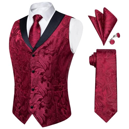 Image of DiBanGu Mens Paisley Vest Silk Sleeveless Suit Vest and Neck Tie Pocket Square Cufflinks Set for Wedding Formal