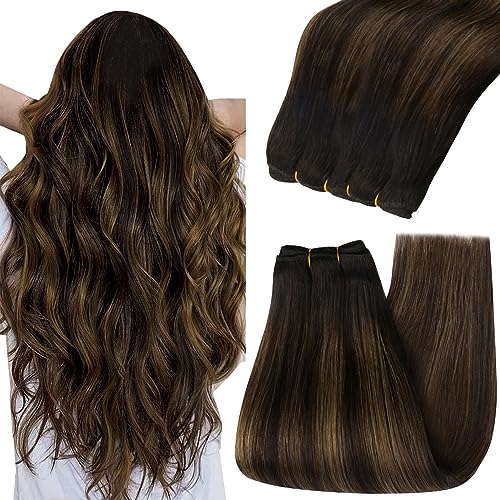 YoungSee Weft Hair Extensions Brown Balayage Straight Weft Hair Extensions Human Hair Ombre Sew in Extensions Dark Roots to Medium Brown Highlights Remy Hair 20Inch 100G