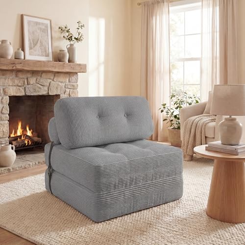 Image of COSTWAY Folding Sofa Bed with Pillow, Convertible Couch (Grey) | with Backrest & Fixing Straps, Boneless Convertible Sleeper Chair for Adults, Guest Use, Living Room