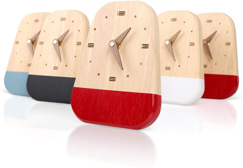HROOME Modern Small Desk & shelf Clock - Battery Operated Silent Non Ticking Decorative Solid Wood Mini Table Clocks for Living Room Office Bedroom Kitchen (Red)