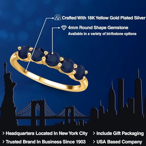 Gem Stone King 18K Yellow Gold Plated Silver 4MM Round Gemstone Birthstone 5-Stone Wedding Band Ring | Five Stone Engagement Anniversary Promise Ring For Women | Available in Size 5, 6, 7, 8, 92