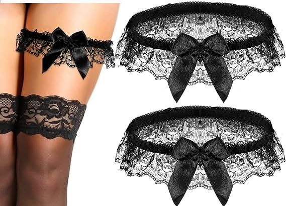 2Pcs Black Wedding Garter for Bride, Lace Bowknot Garter Party Prom Leg Belt Bowknot Elastic Leg Ring