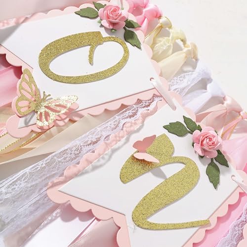 Pink and Gold High Chair Banner- Floral and Butterfly One Highchair Banner, 1st Birthday Party Decoration for Girls, Pink 1st Birthday Decor by Agkvw - Image 2