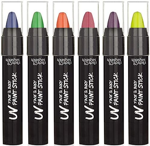 UV Face and Body Paint Sticks - Costume, Halloween and Club Makeup - Safe for all Skin Types - Easy On and Off - by Splashes & Spills (6 Pack)