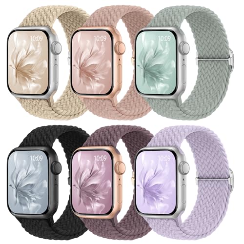 Image of 6 Pack Braided Stretchy Bands Compatible with Apple Watch Band 38mm 40mm 41mm 42mm 44mm 45mm 46mm 49mm Women Men, Adjustable Nylon Solo Loop Elastic Straps for iWatch Series 11 10 9 8 7 6 5 4 SE Ultra