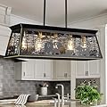 HermnJakk Rustic Dining Room Chandelier, Kitchen Island Lighting, Bear Design Black Rectangle Farmhouse Light Fixture?Pendant Light Fixtures for Dining Room Island Over Table 32-Inch 5-Light