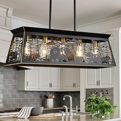 HermnJakk Rustic Dining Room Chandelier, Kitchen Island Lighting, Bear Design Black Rectangle Farmhouse Light Fixture?Pendant Light Fixtures for Dining Room Island Over Table 32-Inch 5-Light