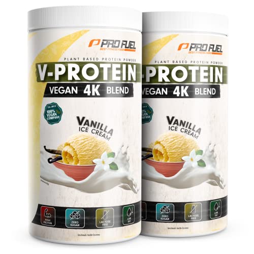 Vegan Protein VANILLE 2x750g - V-Protein 4K Blend - Unglaublich lecker & cremig | Aus Sonnenblumen, Soja, Hanfsamen & Kürbiskernen | Pflanzliches Eiweißpulver mit 81% Eiweiß