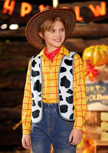 Halloween Kids 3Pcs Plaid Button Up Woody Shirt with Cowboy Vest and Red Bandana Outfit Set 4-14 Years3