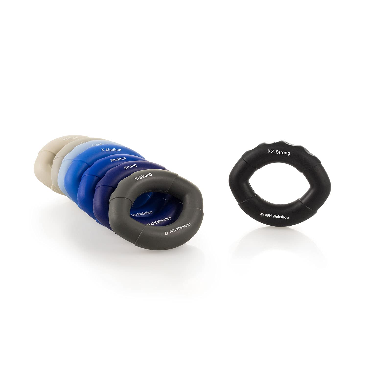 AFH Webshop 8er Spar Set | Silikon Handtrainer und Fingertrainer | EasyFlex Premium Qualität | ergonomischer Fingertrainer Ring | Greifkraft Griffkraft Trainer | 8 Verschiedene Widerstände