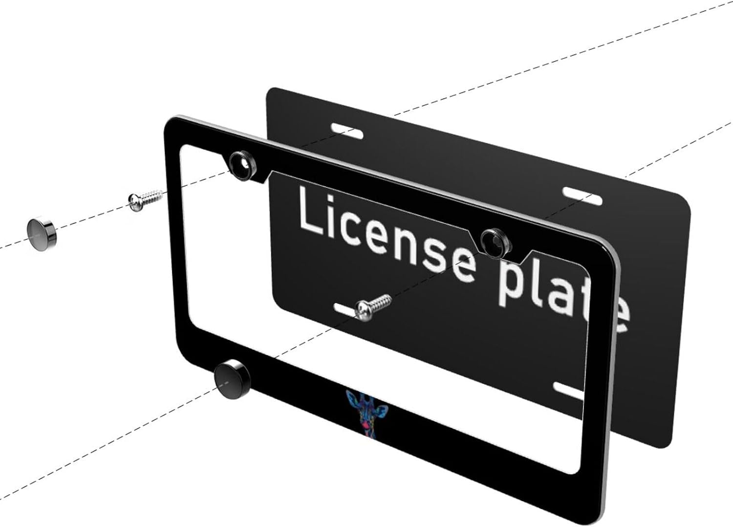 Color Giraffe Matte Aluminum License Plate Frame with Black Screw Caps，2pcs 2 Holes Black Licenses Plates Frames,Car Licenses Plate Covers Holders for Us Vehicles/Women/Men