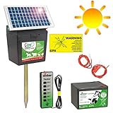 Lieferumfang: 1x 9V / 12V / 230V / SOLAR Weidezaungerät Cowboy B5000, 1x Solar Modul mit 5 Watt Solar Panel, 1x 9 Volt Weidezaunbatterie 60 Ah, 1x Erdungspfahl,1x Zaunkabel, Erdkabel, 1x Warnschild, 1x Zaunprüfer, 1x Bedienungsanleitung