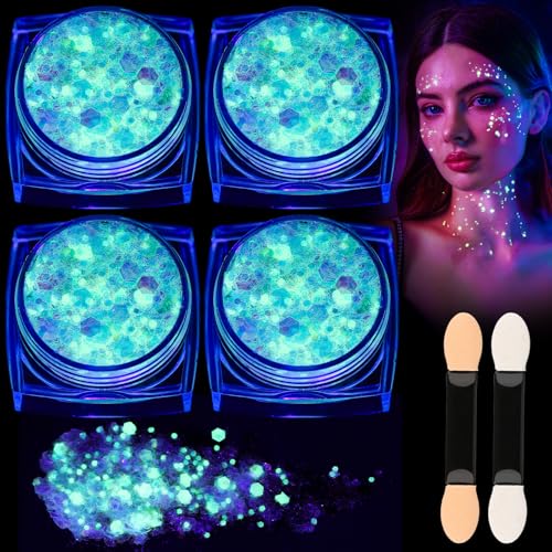 Teenitor Glow in The Dark Glitter, Clear White Body Glitter Gel, Sparkly Neon Face Glitter Hair Glitter, Glow in The Dark Face Paint for Halloween Makeup Glow Party Concerts Raves