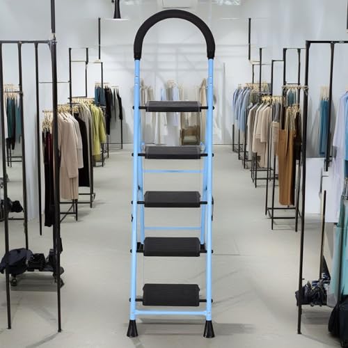 Image of FLIPZON 5 Step Folding Ladder for Home Use | Heavy Duty Steel Step Ladder with Anti-Skid Wide Steps & Soft Grip Handle | Strong, Safe & Durable Ladder for Kitchen, Cleaning & Office (Black & Sky Blue)