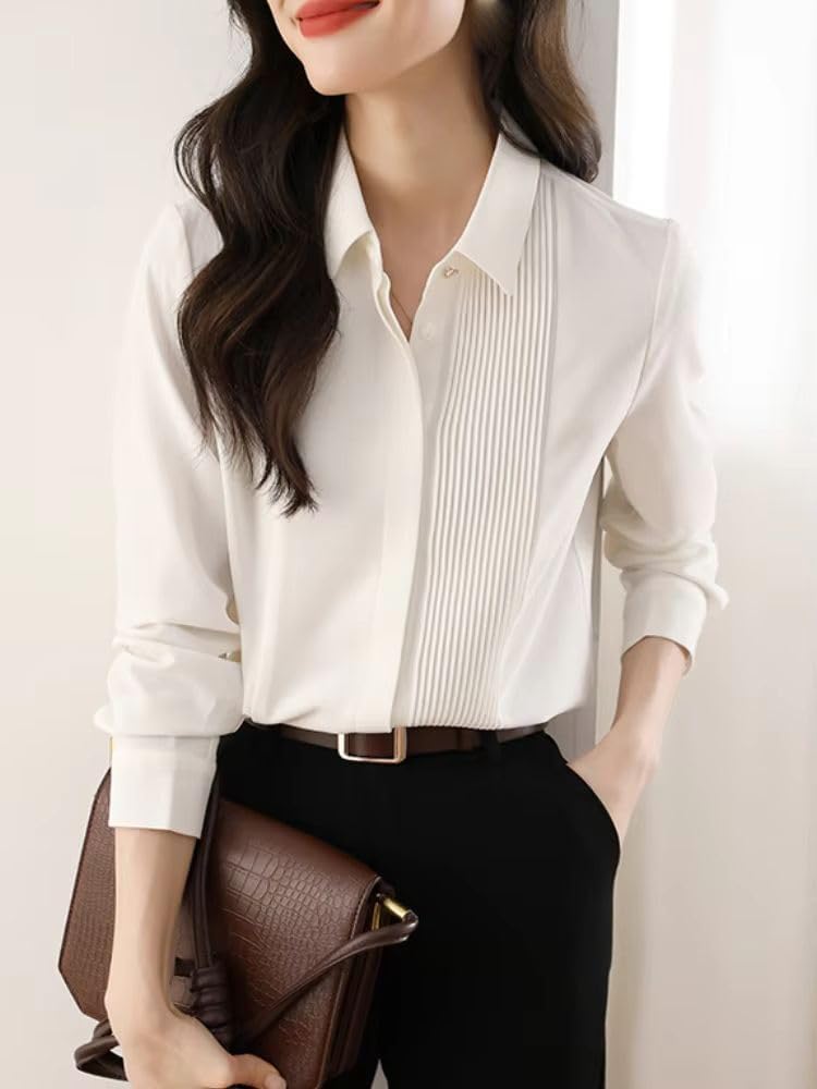 Women's Pleated Blouse Korean Vintage Office Lady White Top