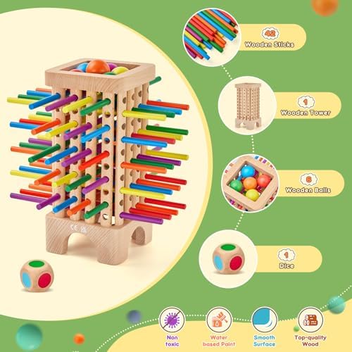 Montessori Game Wooden Board Game, 42 Colorful Wooden Sticks Dice Game Math Educational Toys for 3 4 5 6 Years Old, Fine Motor Skills Toys & Counting Toy Family Game Travel Toys Gifts for Kids — view 4