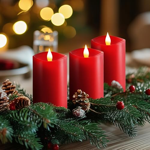 Image of 3x5 Flickering Flameless Candles Set of 3, 2AA Battery Life 600 Hours Battery Candles Flickering with Timer,5 inch Flameless Candles with Remote for Indoor /Outdoor, Red
