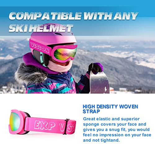 Exp Vision Kids Ski Goggles Anti-Fog Over Glasses Child Snowboard Goggles With Uv Protection, Double-Layer Lenses Snow Goggles For Boys Girl Youth (Pink Frame/Pink Lens) #TOP4