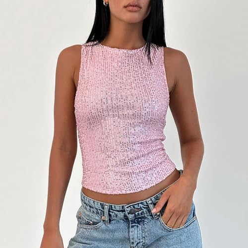 Amiblvowa Sequin Tank Top Women Y2k Sexy Sleeveless Sparkly Crop Camisole Slim Shiny Glitter Cami Going Out Party Vest Shirts2