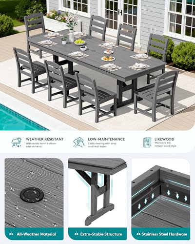 Image of SERWALL 9 Piece 84 inch HDPE Outdoor Dining Set for 8 with Armless Chairs and Umbrelle Hole, Gray