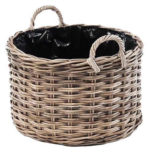 Kobolo Pflanzkorb Selina 50x50x40 cm, rund, Grauer Rattankorb mit Folie & Griffen, dekorativer Übertopf für Pflanzen, Kräuter, Garten, Balkon, Terrasse, Innen- & geschützten Außenbereich