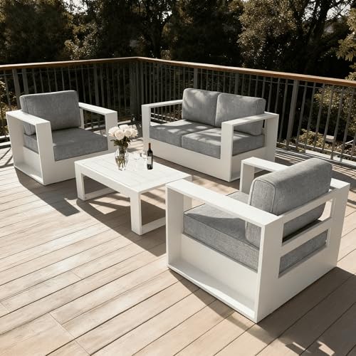 Image of LayinSun Oversized Aluminum Outdoor Furniture Set, 4 Piece Patio Sofa Sets with Coffee Table, Deep Seating and Upgraded 6-inch Cushions for Porch, Balcony, Deck