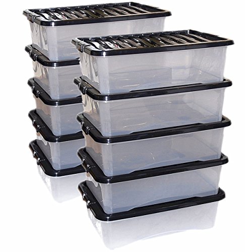 CrazyGadget® 32L 32 Litre Large Big Plastic Storage Clear Box Strong Stackable Container - Made In U.K. - Pack of 10
