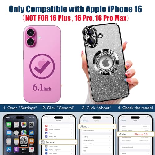 Image of Misscase for iPhone 16 Magnetic Glitter Case Compatible with MagSafe,Full Protection Slim Shockproof Anti-Scratch Case with Camera Lens Protector Logo View Dust-Proof Net for Women Black