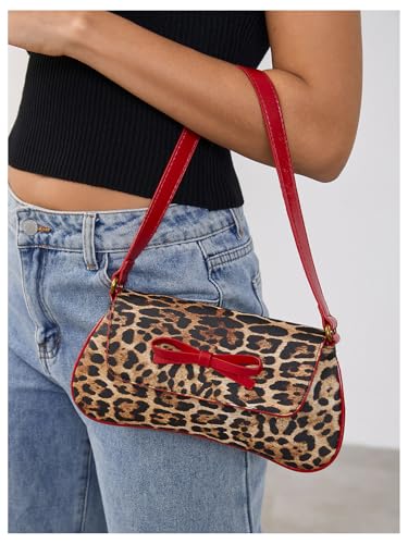 MakeMeChic Women's Cheetah Print Purse Faux Leather Leopard Bow Y2K Flap Shoulder Bag3