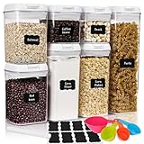Moretoes 7 Pack Pantry Organizers and Storage, Airtight Food Storage Containers with Lids, Measuring Spoons and Labels, Clear Plastic Containers for Kitchen Pantry Organization (White)