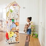 Solid Wood Soft Toy Storage, Stuffed Animal Storage Organizer with 360°Lockable Swivel Castors, 150 * 40 * 40cm Cuddly Toy Storage, Plush Organizer for Nursery Room/Playroom/living Room