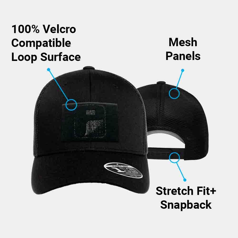 Pull Patch Curved Bill Flexfit + Snapback Trucker Hat | Black Tactical Cap | 2x3 Inch Loop Surface for Morale Patches