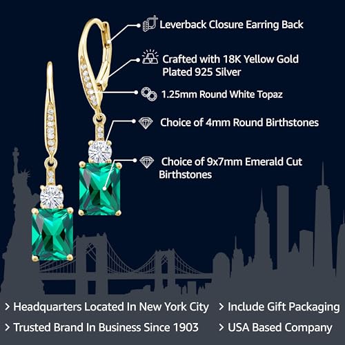 Gem Stone King 18K Yellow Gold Plated Silver Emerald Cut 9X7MM Gemstone Birthstone and White Topaz Dangle Earrings For Women2