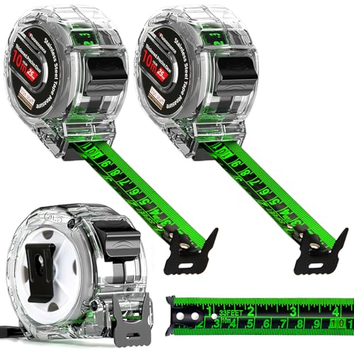 2 Pack 10M Fluorescent Steel Tape Measure - Retractable Stainless Steel Measuring Tape Self-Lock Precision 10 Metre Tape Measure Double-Sided Graduated 25mm Width Waterproof Metric Ruler