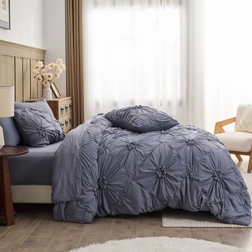 Image of Grey Comforter Set King Size Bed in A Bag 7 Piece Pinch Pleat Bedding Set,Pintuck Ruched Flowers Bed Set with Comforter, Sheets, Pillowcases & Shams