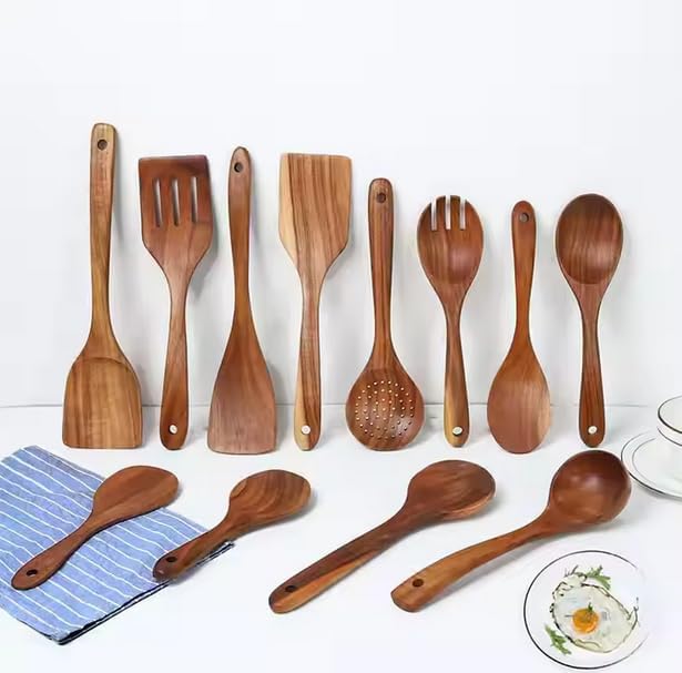 OAKSTONE™ Premium Wooden Cooking Utensils – 10-Piece with Holder, Mixing Spoon, Strainer, Salad Fork, Spatula, Fried Spatula, Soup Ladle, Serving Spoon and more