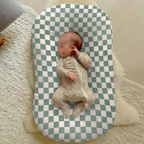 Image of guruixu Muslin Baby Lounger Cover 2 Pack, 100% Cotton Infant Lounger Cover, Soft & Breathable Replacement Slipcover, Compatible with Snuggle Me Newborn Lounger (Roman Green,Green Check)